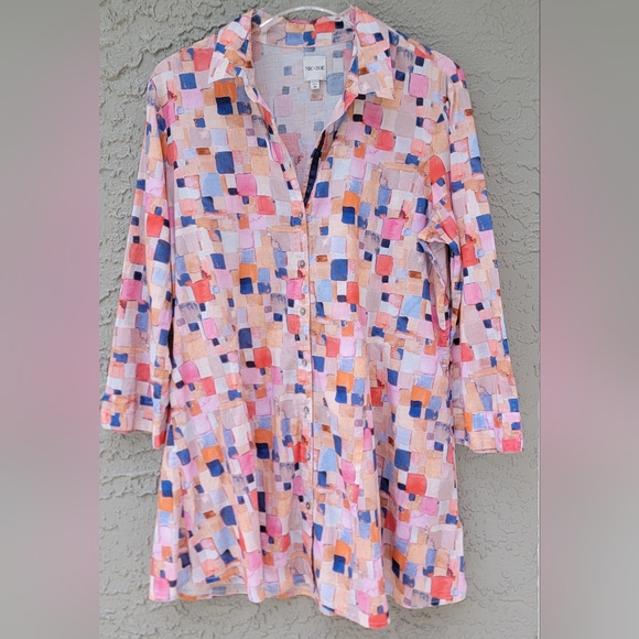 Nic+Zoe 100% cotton Abstract Print Button Front colorful Tunic Top Medium - Picture 3 of 10